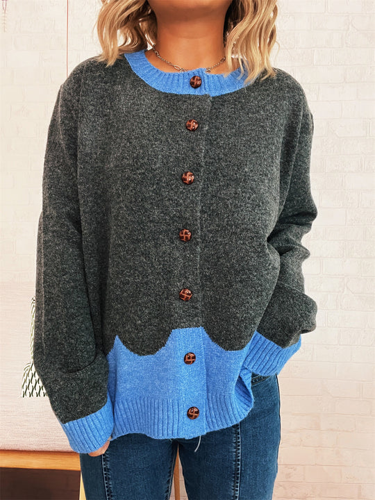 Damen lässige Strickjacke mit buntem Kontrast und eleganten Knopfdetails R&B