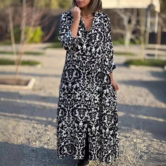 Damen Maxikleid mit elegantem Muster und fließendem Schnitt R&B