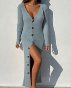 Damen Strickkleid mit Knopfleiste und Schlitzausschnitt R&B
