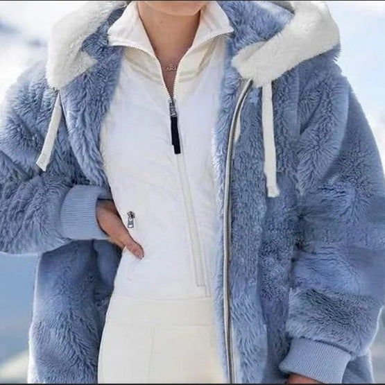 Damen Kuschelige Kunstpelzjacke mit Kapuze R&B