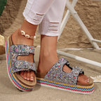 Damen Glitzernde Plateau-Sandalen mit Doppelschnalle und mehrfarbigem Boden R&B