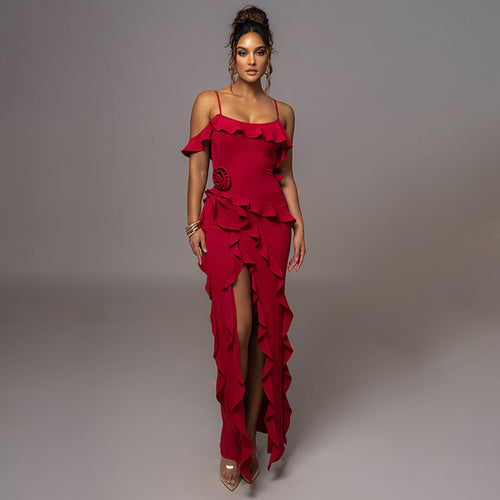 Damen Elegantes Rüschenskleid mit seitlichem Schlitz R&B