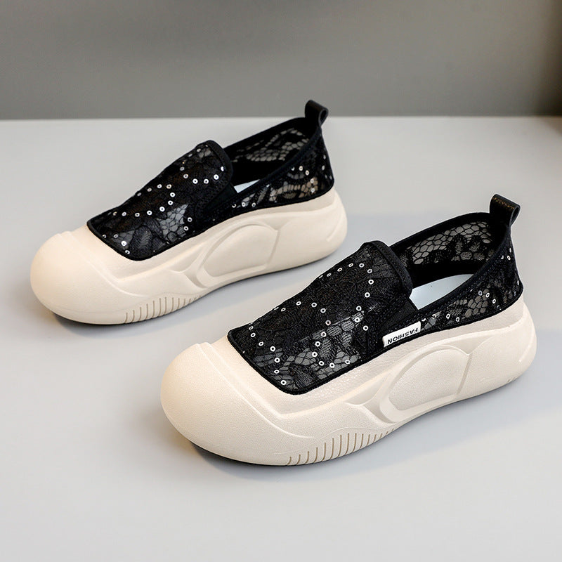 Damen bequeme Slip-On Sneakers mit luftiger Spitze und elastischem Riemen R&B