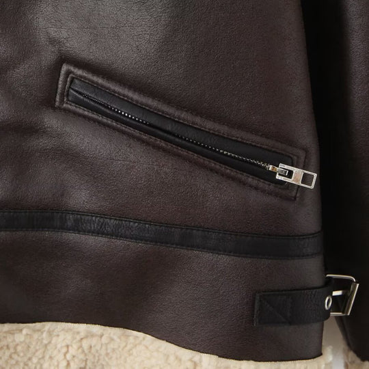 Damen Kunstlederjacke mit warmem Sherpa-Futter und praktischen Reißverschlusstaschen R&B