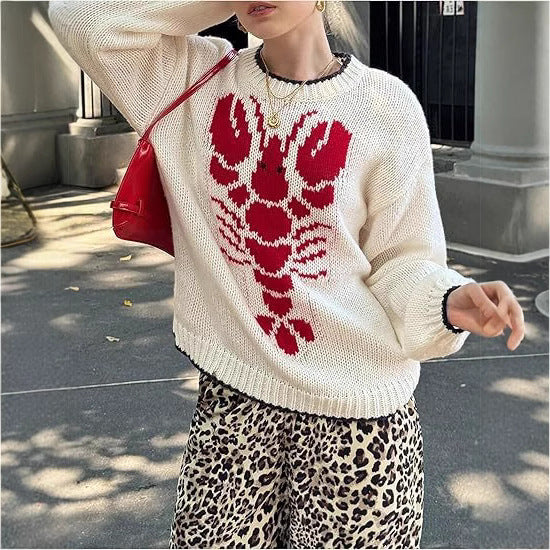 Damen Strickpullover mit Krabbenmotiv und lässigem Schnitt R&B