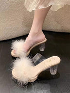 Damen elegante Mules mit transparentem Blockabsatz und feiner Fellverzierung R&B