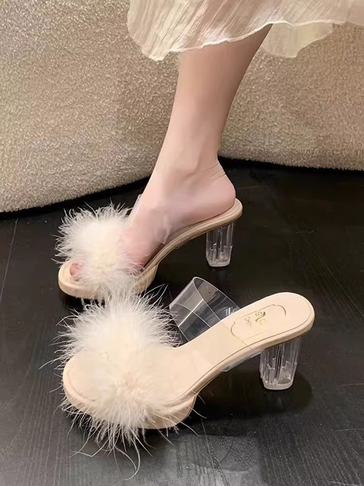 Damen elegante Mules mit transparentem Blockabsatz und feiner Fellverzierung R&B