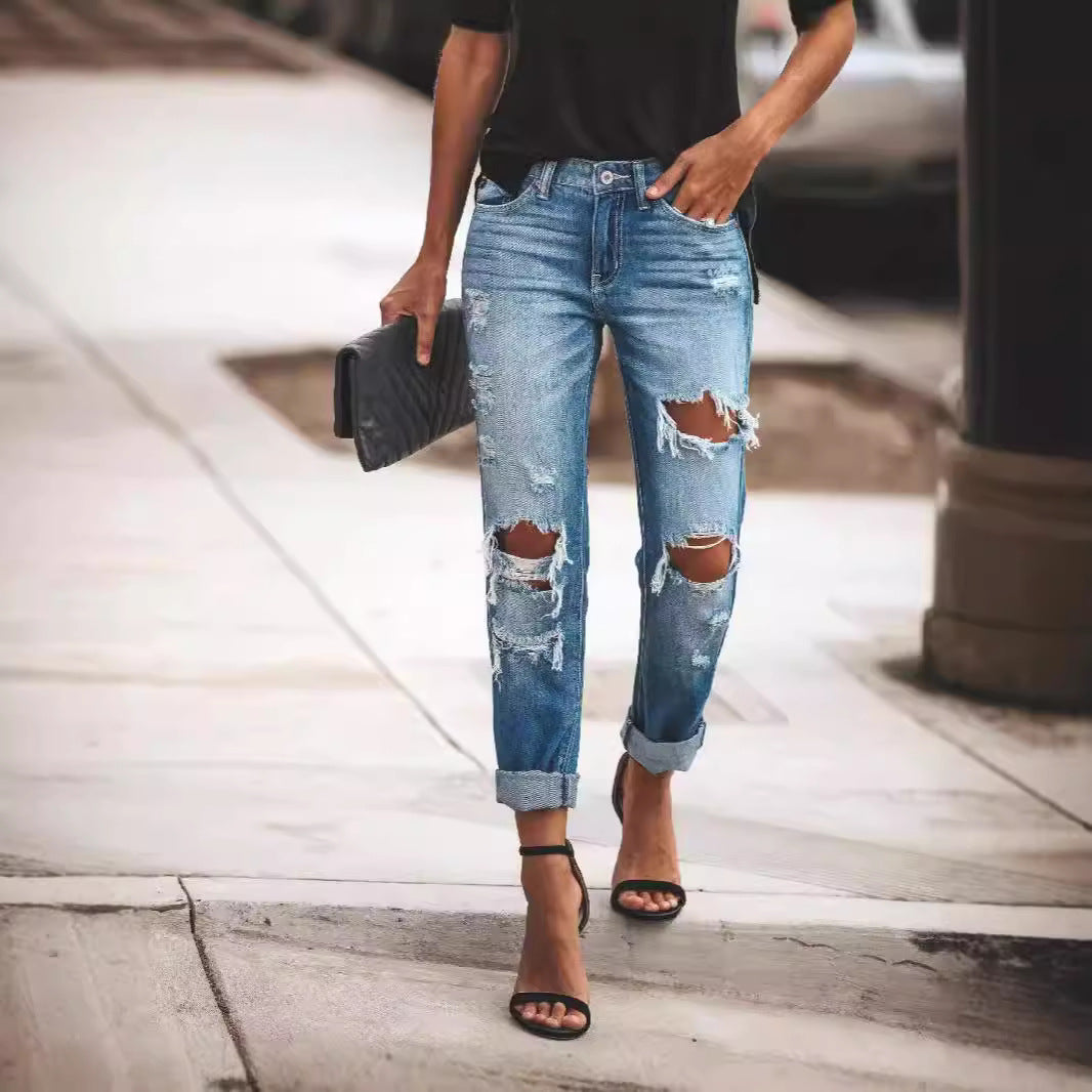 Damen Destroyed Boyfriend Jeans im lässigen Stil mit hohen Rissdetails R&B