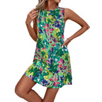 Damen nan luftiges A-Linien-Minikleid mit Rundhalsausschnitt und Volant-Saum R&B