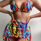 Damen Buntes Triangel-Bikini-Set mit transparentem Rock R&B