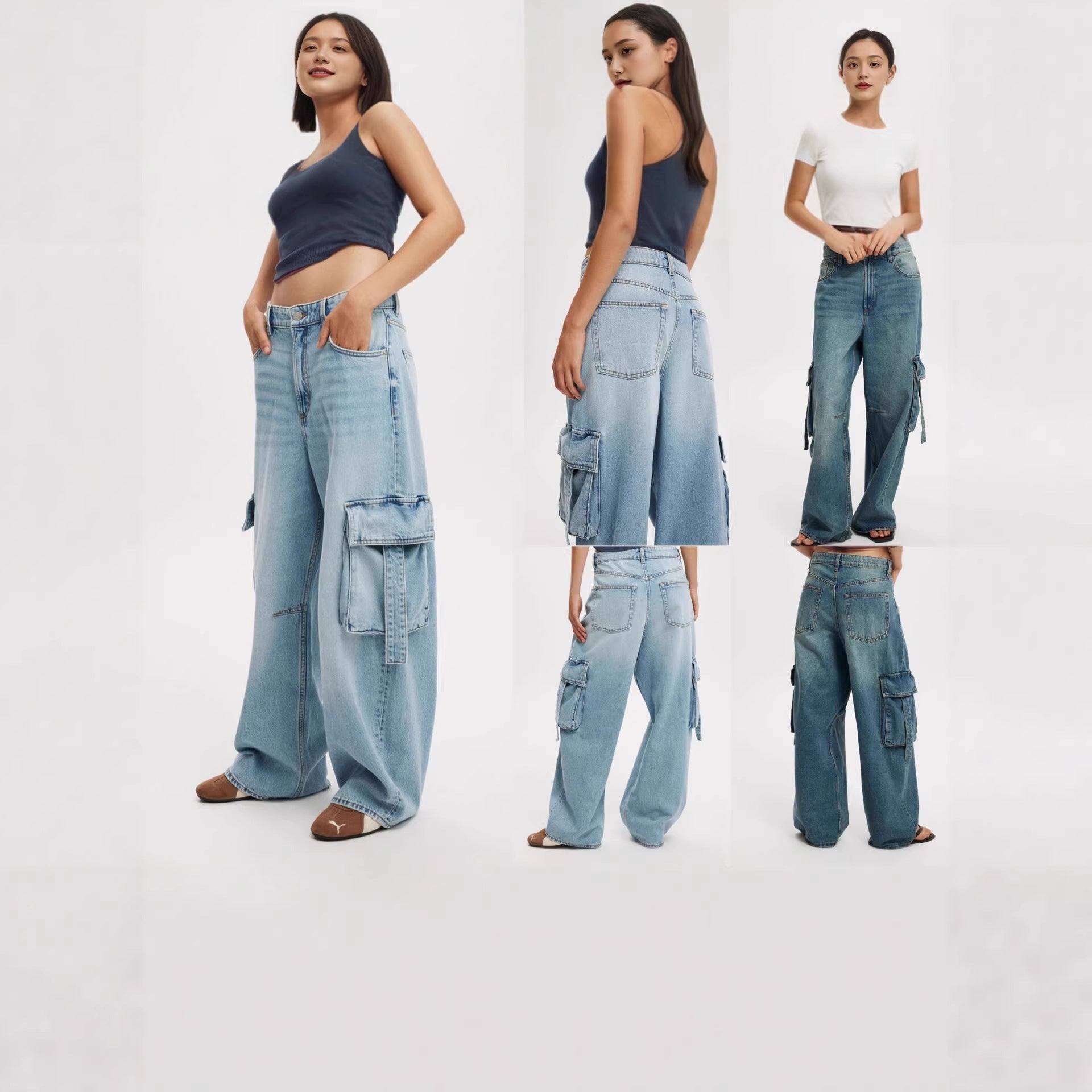 Damen Weite Cargo-Jeans mit praktischen Seitentaschen