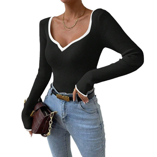 Damen Langarm-Bodysuit mit V-Ausschnitt und Kontrastdetails R&B