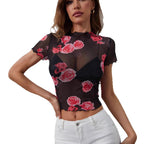 Damen nan tailliertes Netz-Crop-Top mit Rosenprint, Stehkragen und welligem Saum R&B
