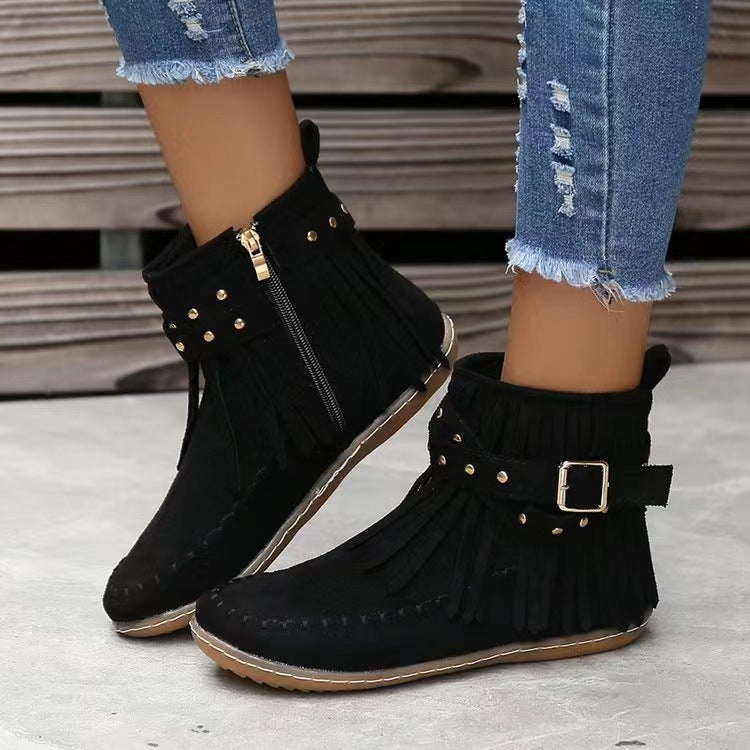 Damen nan fransige Mokassin-AnklR&Boots mit seitlichem Reißverschluss, dekorativer Schnalle und goldfarbenen Nieten R&B