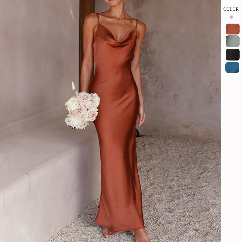 Damen Elegantes, fließendes Maxikleid aus hochwertigem Satin mit Spaghettiträgern R&B