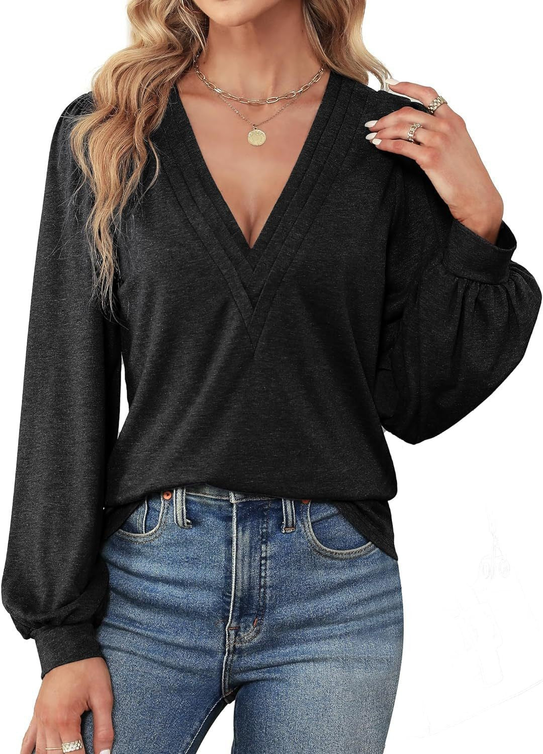 Damen Elegantes Blusenshirt mit V-Ausschnitt und puffförmigen Ärmeln R&B