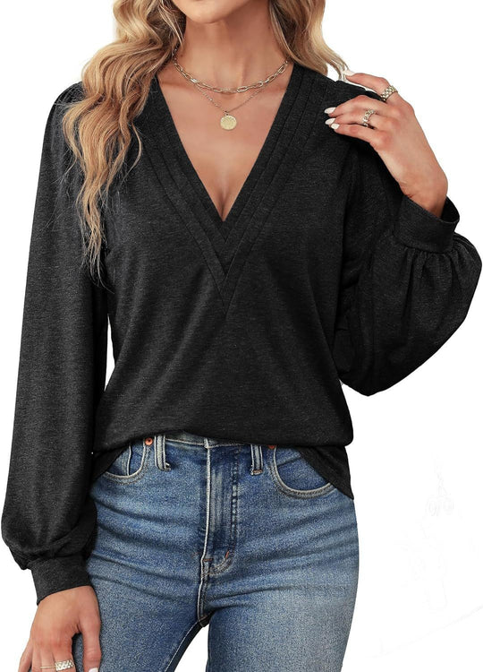 Damen Elegantes Blusenshirt mit V-Ausschnitt und puffförmigen Ärmeln R&B