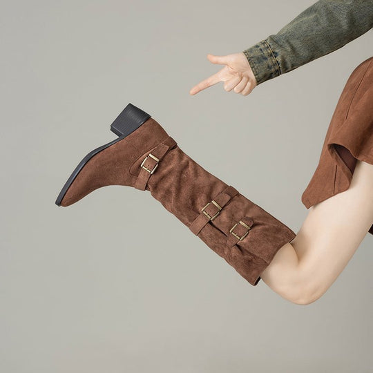 Damen Overknee Stiefel mit modischen Schnallen R&B