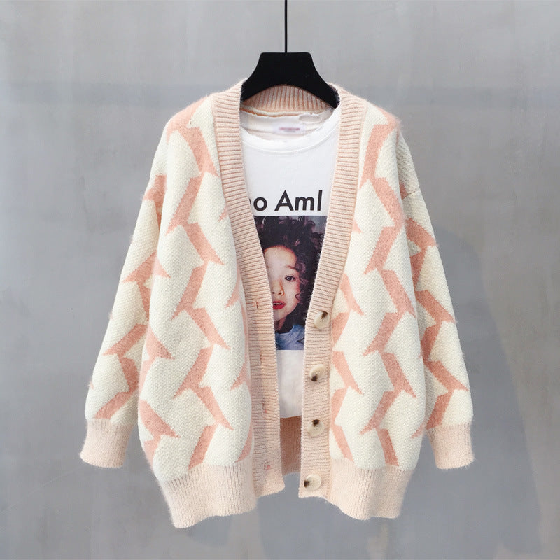 Damen Grobstrick Cardigan mit modernem Zickzackmuster und Knopfdetails R&B