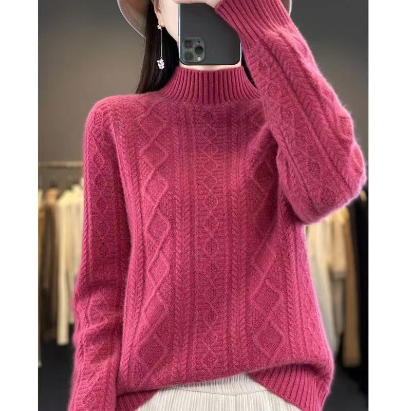 Damen Hochwertiger Strickpullover mit Stehkragen und Zopfdesign R&B