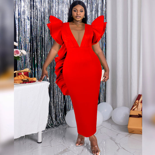 Damen figurbetontes Kleid mit voluminösen Rüschenärmeln und tiefem V-Ausschnitt R&B