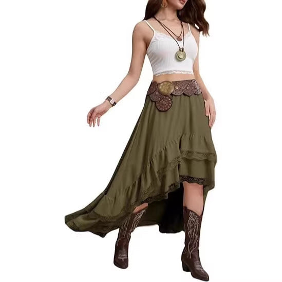 Damen Boho Maxi-Rock mit asymmetrischem Saum und Spitzenverzierungen R&B