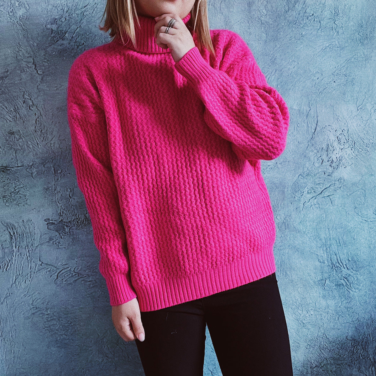Damen Grobstrickpullover mit strukturiertem Muster und hohem Kragen R&B