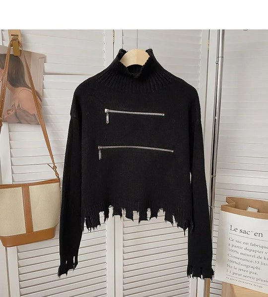 Damen Modischer Strickpullover mit Stehkragen und Reißverschlussdetails R&B