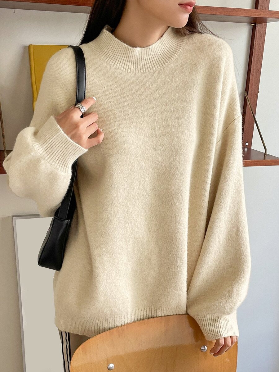 Damen oversized Strickpullover mit Rundhalsausschnitt und breiten Ärmeln R&B