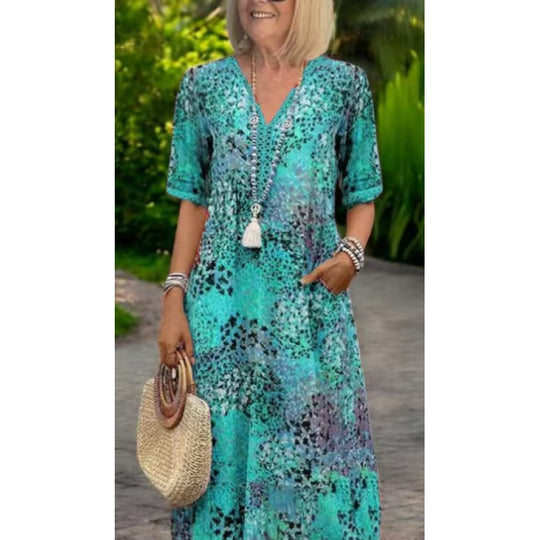 Damen Strandkleid im lässigen Stil mit Taschen und V-Ausschnitt R&B
