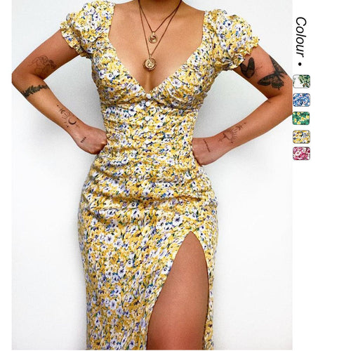 Damen Blütenmuster Maxikleid mit tiefem Ausschnitt und tailliertem Schnitt R&B