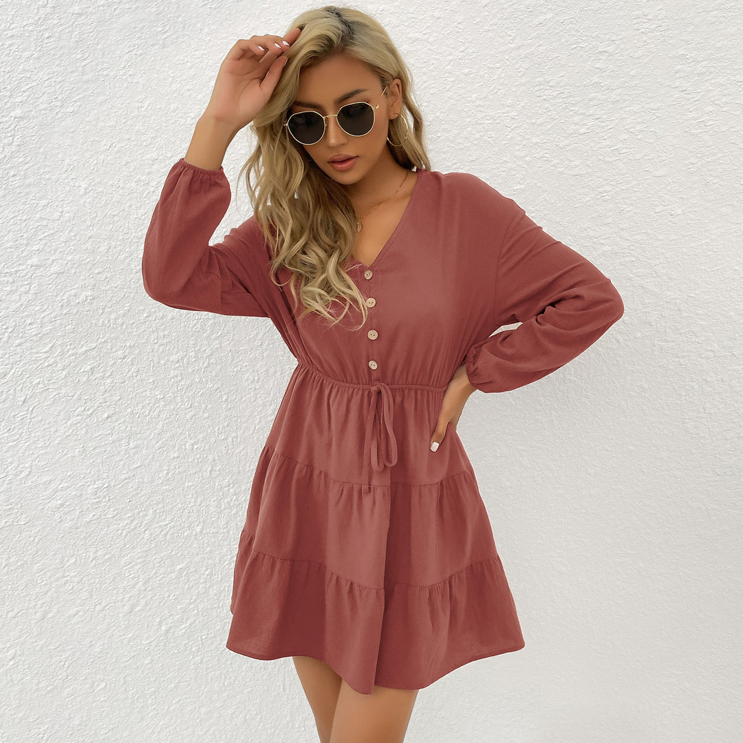 Damen Midi-Kleid mit knöpfbarem Ausschnitt und Taillenbindung R&B