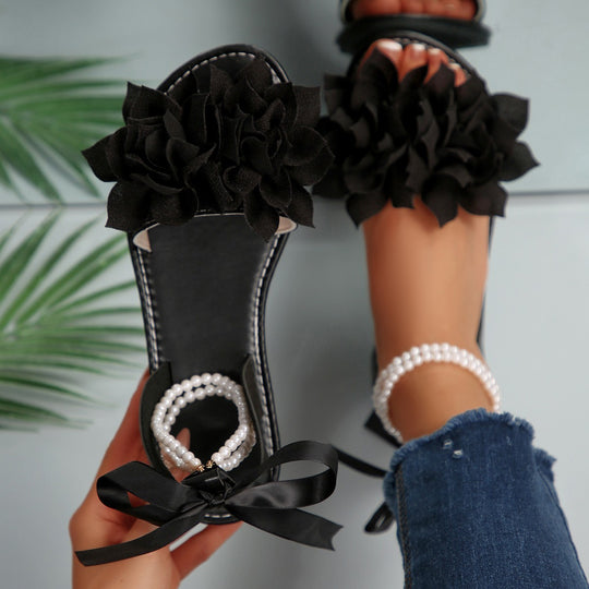 Damen Schlappen mit floralem Design und eleganter Perlenverzierung R&B