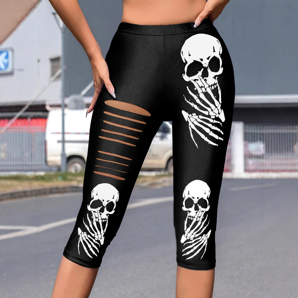 Damen Leggings mit auffälligem Totenkopf-Print und modischen Cut-Outs R&B