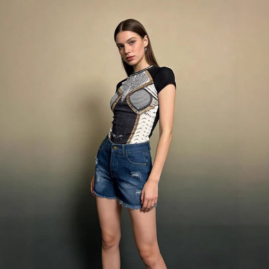 Damen Crop Top und High-Waist Jeans-Shorts R&B