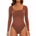 Damen Langarm Bodysuit mit Tiefem Rundhalsausschnitt und Figurbetontem Schnitt R&B