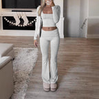 Damen Legeres Lounge-Set mit langärmligem Oberteil und flared Hose R&B