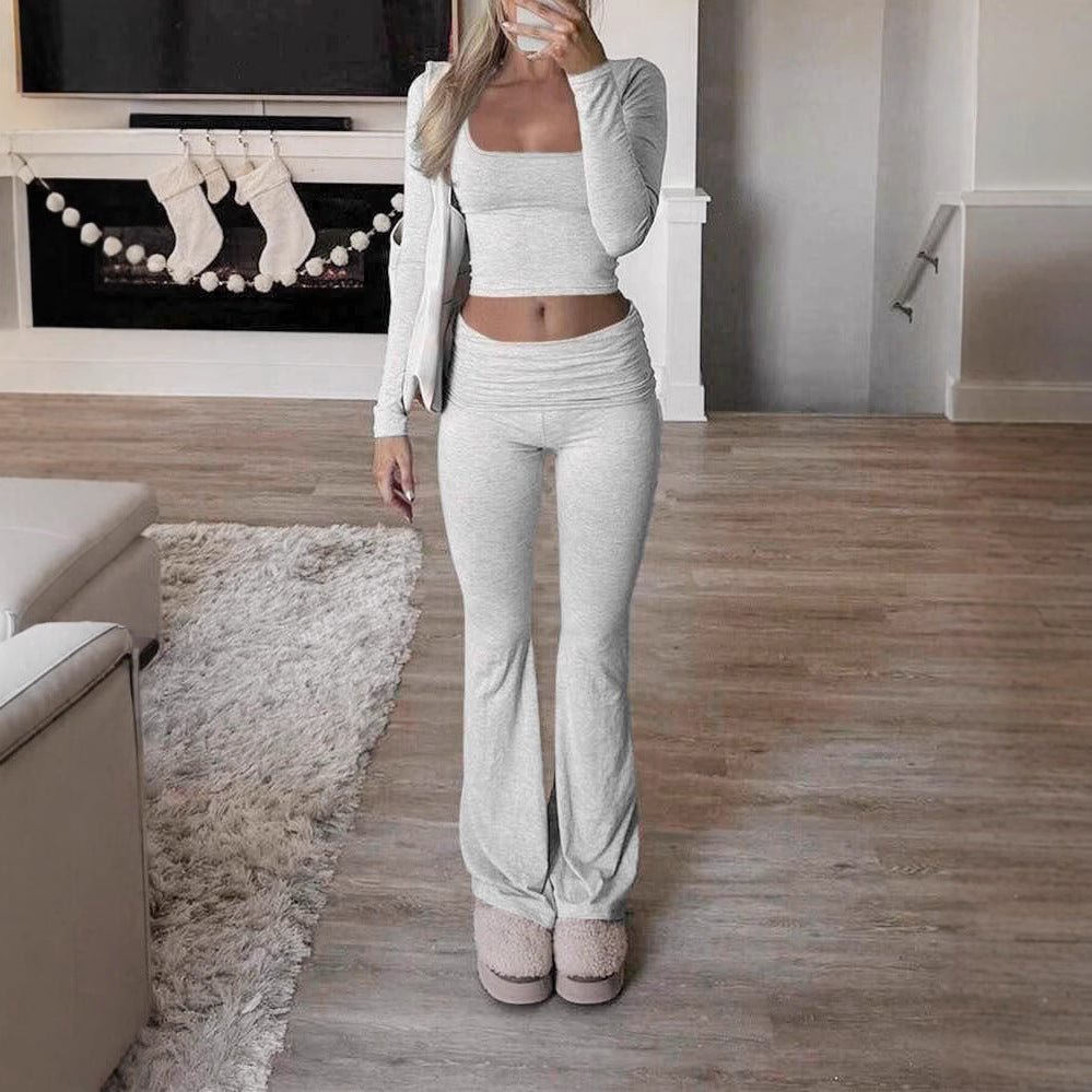Damen Legeres Lounge-Set mit langärmligem Oberteil und flared Hose R&B