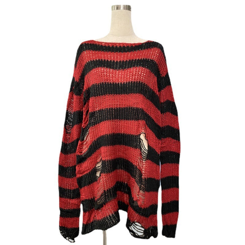 Damen nan Oversized Grobstrickpullover mit breiten Blockstreifen und aufgerissenem Design R&B