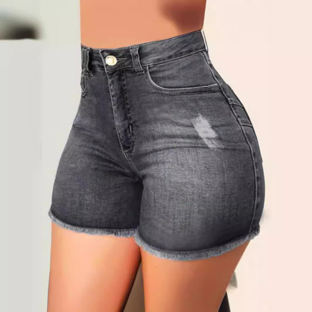 Damen Hoch taillierte Denim-Shorts mit fransigem Saum und figurschmeichelndem Schnitt R&B
