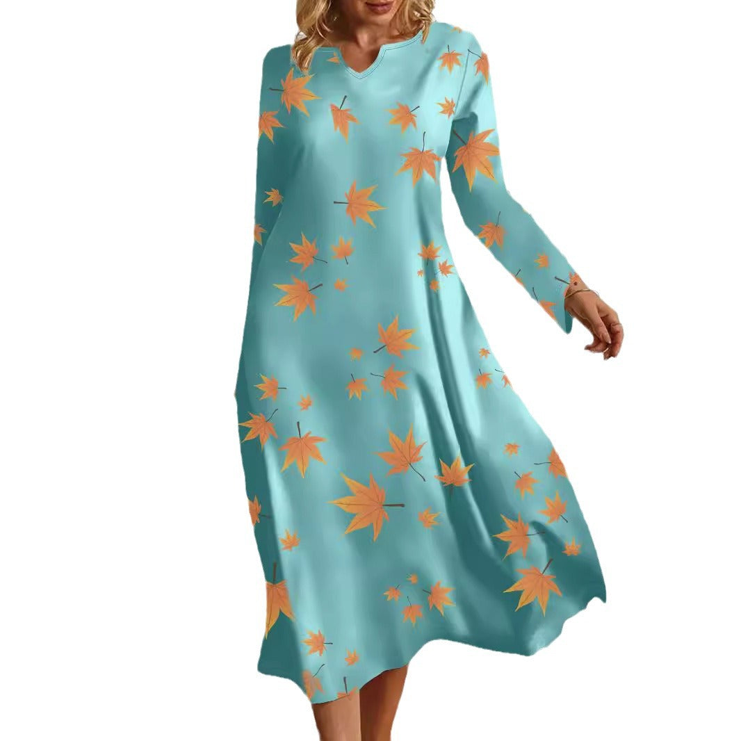 Damen Maxikleid mit V-Ausschnitt und herbstlichem Blattdesign R&B
