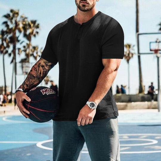 Herren lässiges Kurzarm-Henley-Shirt mit hochwertigem Baumwoll-Mix und praktischem Knopfdesign R&B