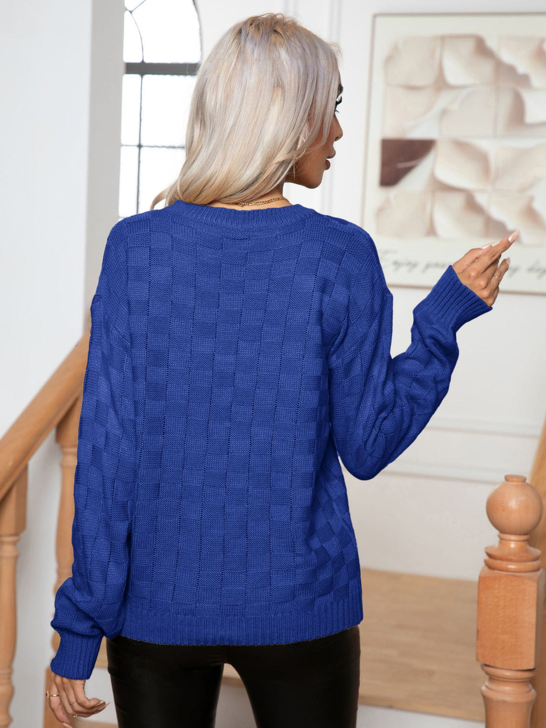 Damen lässiger Strickpullover mit Karomuster und weit ausgestellten Ärmeln R&B