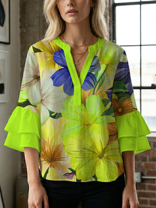 Damen Bluse mit voluminösen Rüschenärmeln und floralem Muster R&B