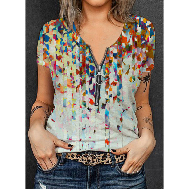 Damen Modisches T-Shirt mit Reißverschluss und floralem Design R&B