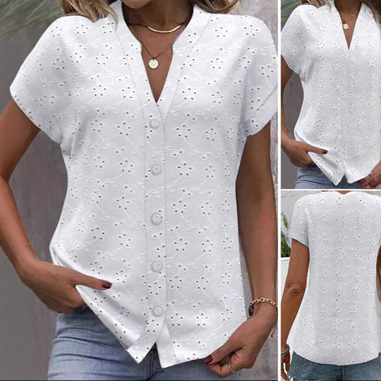 Damen Bluse mit dekorativen Lochmustern und eleganter Knopfleiste Heidi-Mode