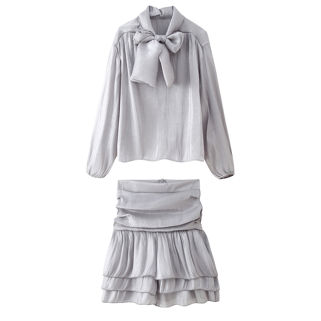 Damen Set aus eleganter Bluse mit Schleifendetail und voluminösem Rock R&B