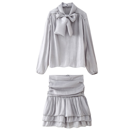 Damen Set aus eleganter Bluse mit Schleifendetail und voluminösem Rock R&B