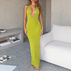 Damen Elegantes Maxikleid mit tiefem V-Ausschnitt und figurbetontem Schnitt R&B