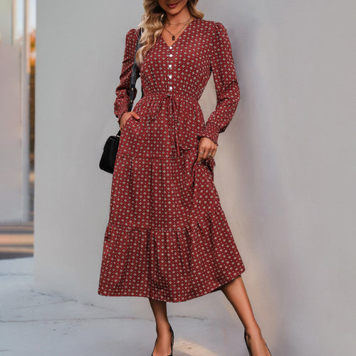 Damen Langarm-Wickelkleid mit floralen Details und Taillenbindung R&B